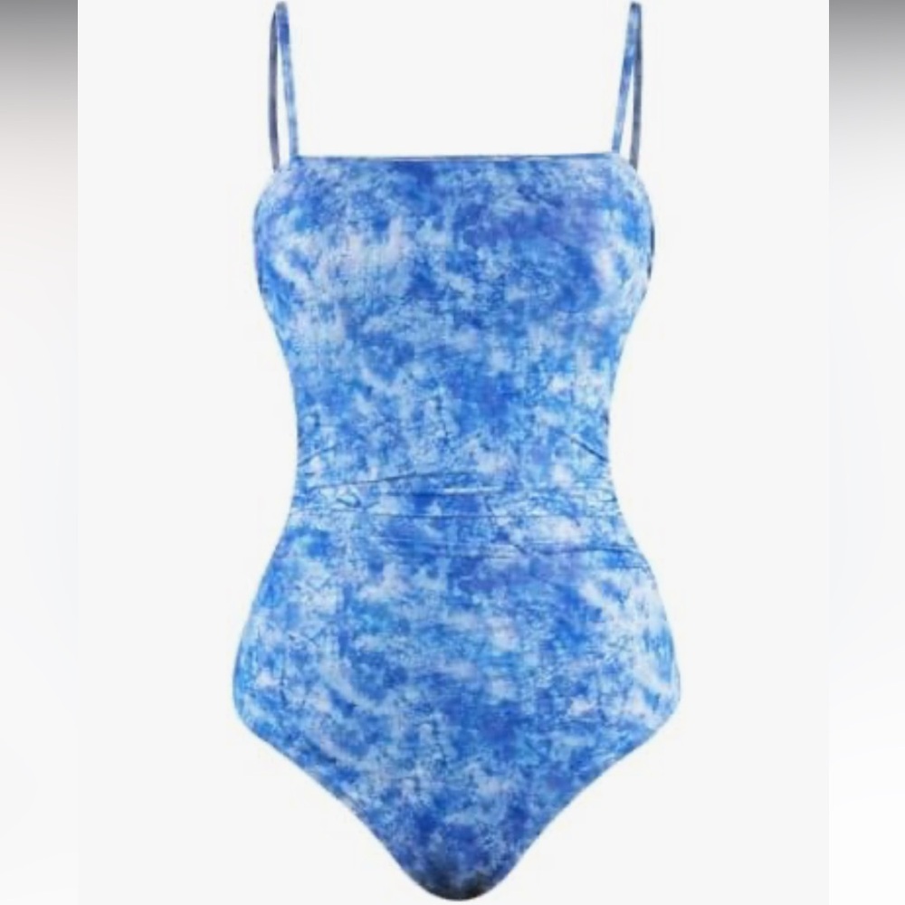 Blue Square Neck One Piece Swimsuit